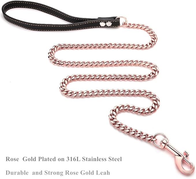 Rose Gold Dog Leash 11mm Cuban Link Chain Dog Leash Durable Stainless Steel Metal with Leather Handle for Small Medium Large Dogs 3FT/4FT/5FT(11mm,3ft)…