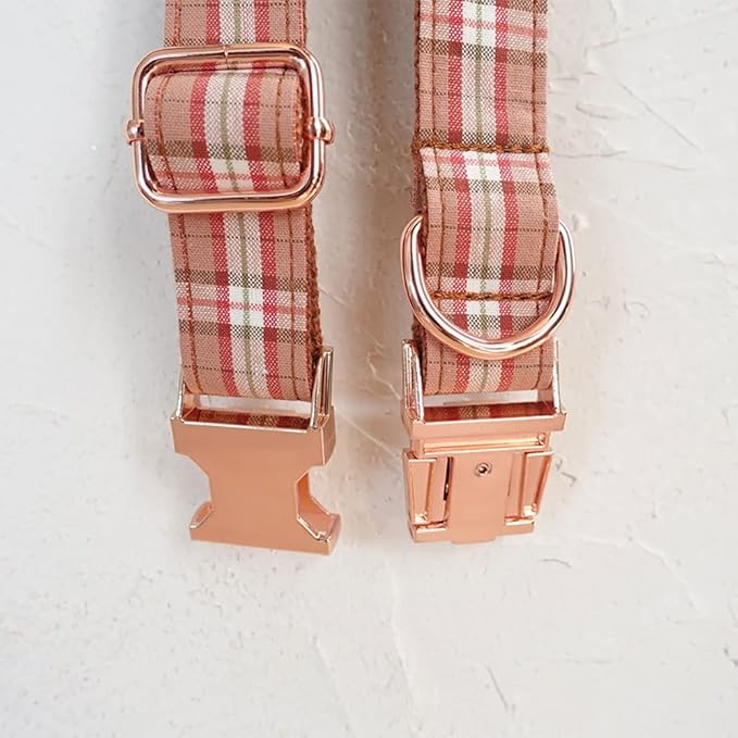 PETDURO Personalized Plaid Dog Collar Orange - Engraved Name and Phone Number on Rose Gold Metal Buckle - Custom for Small Medium Large Boy Girl Dogs - Add Leash Bow Tie via Customize Now