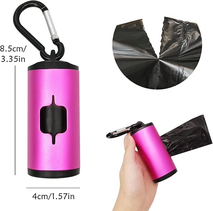 Aluminum Dog Poop Bags Holder with Carabiner Metal Pet Waste Bags Dispenser with Hook and Loop Fastener and Elastic Cord to Carry Used Bags (Pink, 1 Holder 15 Bags)