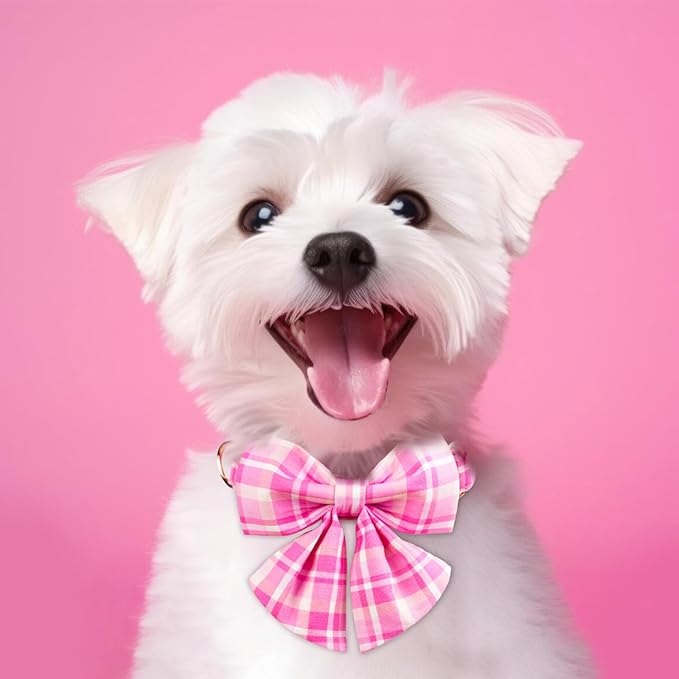 Tunkoo Elegant Pink Plaid Dog Collar with Bow Tie - Durable Adjustable and Stylish Cotton Pet Collar for Girls Small Medium Large, L