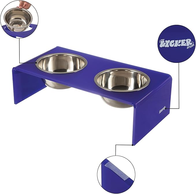 The LICKER Store DBL2001F Keaton 7.5" Medium/Large Modern Acrylic Rectangular Elevated Pet Feeder with 54oz 2-Stainless Steel Bowls, Purple/Chrome