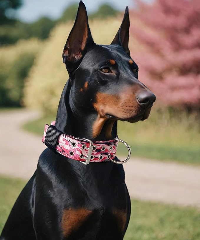 Dog Collar for Large Dogs - 2" Wide Tactical Collars with Handle for Extra Large Breed Dogs, Military Heavy Duty 1/3" Thick Nylon Pet Collar Camo Pink L