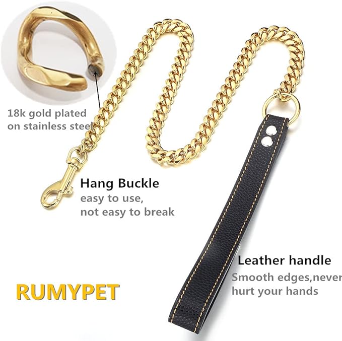 3FT/4FT/5FT Heavy Duty Gold Dog Chain Leash 14MM Stainless Steel Miami Cuban Link Chain with Durable Genuine Leather Handle for Training Walking(14mm,4ft)…