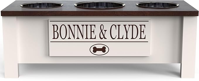 GTW Personalized Elevated Triple Dog Bowl Stand for Large, Medium, Small, X-Small Dogs - 3 Stainless Steel Food and Water Bowls - Raised Dog Dish - Internal Storage (Medium, Brown)