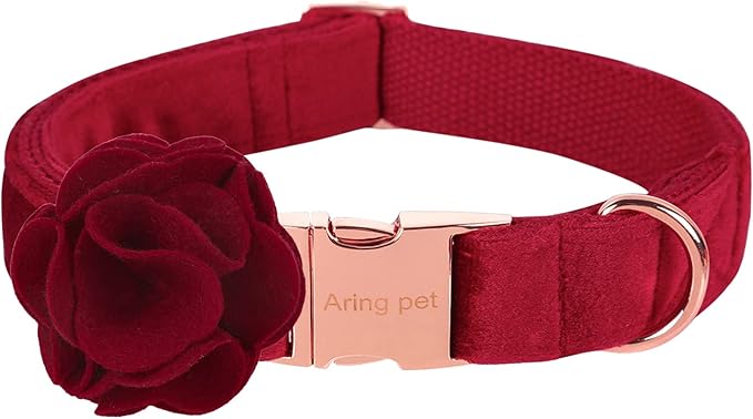 ARING PET Velvet Dog Collars, Christmas Red Soft Pet Collar with Detachable Felt Flower Metal Buckle for Puppy Small Medium Large Boy Girl Dogs-L