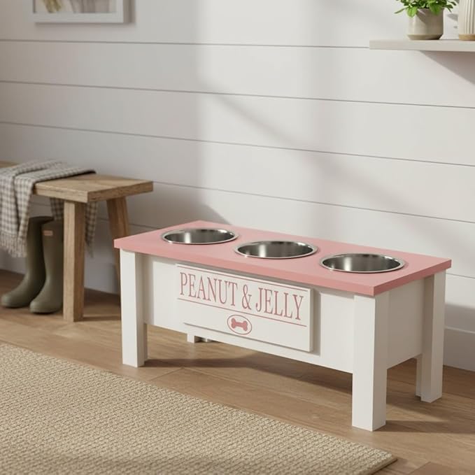 GTW Personalized Elevated Triple Dog Bowl Stand for Large, Medium, Small, X-Small Dogs - 3 Stainless Steel Food and Water Bowls - Raised Dog Dish with Internal Storage (Large, Pink)