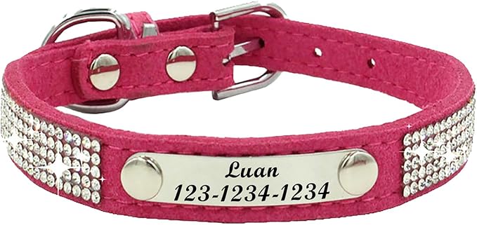 Personalized Dog Collar with Rhinestone Name Tag - Glitter Polyester Collar Adjustable [Rose Red,XS]