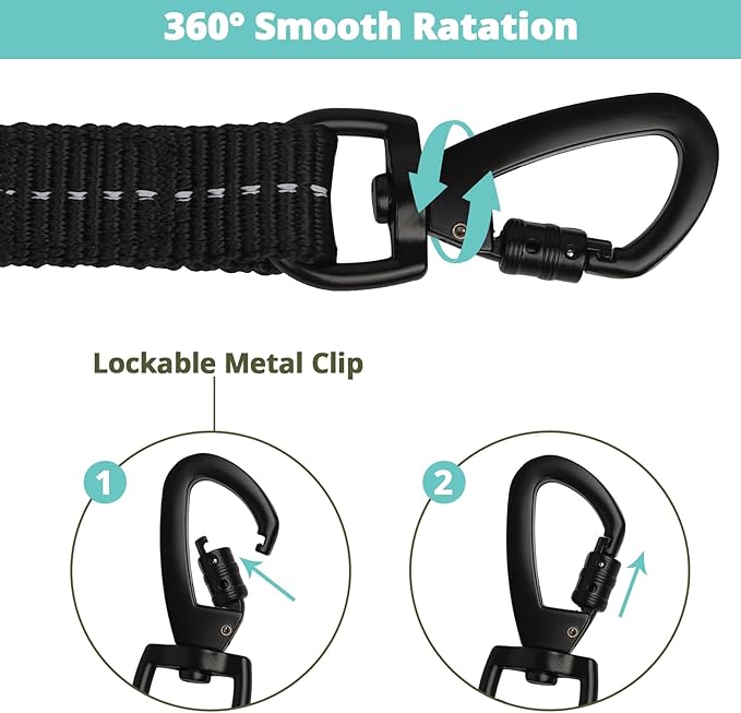 jenico Long Dog Leash 10FT: Heavy Duty Rope Leashes for Dogs Training with Swivel Lockable Hook Reflective Threads Bungee and Padded Handle - Dog Lead for Large Small Medium Dogs Outside Walking