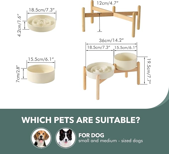 Ceramic 1.2 Cup Raised Slow Feeder Dog Bowl Set, Elevated 6.1inch Bowl and 7.3inch Puzzle Slow Food Dish with Wooden Stand for Medium and Small Dog, Anti-Gulping (2 x Beige+ Stand)