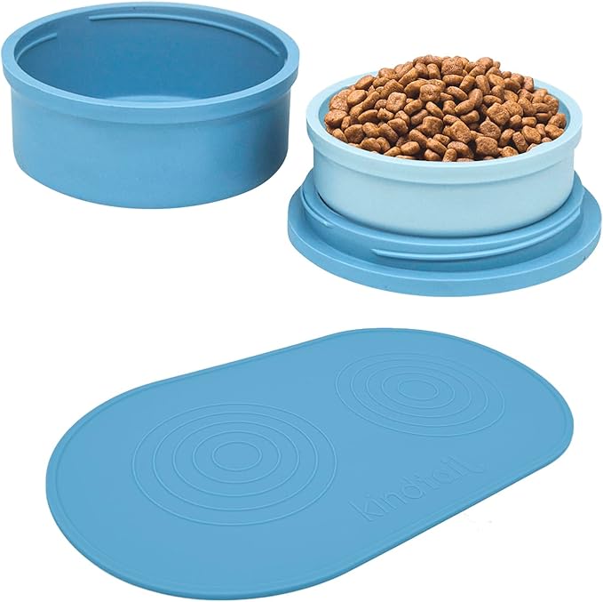 KindTail Pet Bowl Set + Silicone Pet Food Mat - Includes (2) Portable Pet Bowls with Lid & Handle + (1) Waterproof Pet Feeding Mat - Made from Food-Grade, Dishwasher-Safe Materials - BPA & Toxin-Free