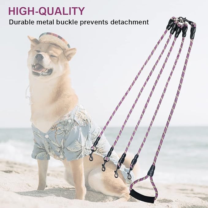 Dual Dog Leash 360° Tangle-Free - Reflective Heavy Duty, Comfortable Handle for Small/Medium/Large Dogs, Support Multiple Rope Addition (Purple 1, Four Leashes)