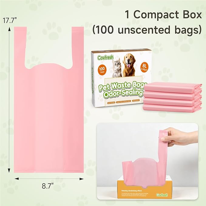 Odor-Sealing Dog Poop Bags with Handles 100 Count Pet Waste Bags, Large Capacity & Unscented Poop Bags for Dogs or Cat Litter, Conceals Smell & Mess (White)