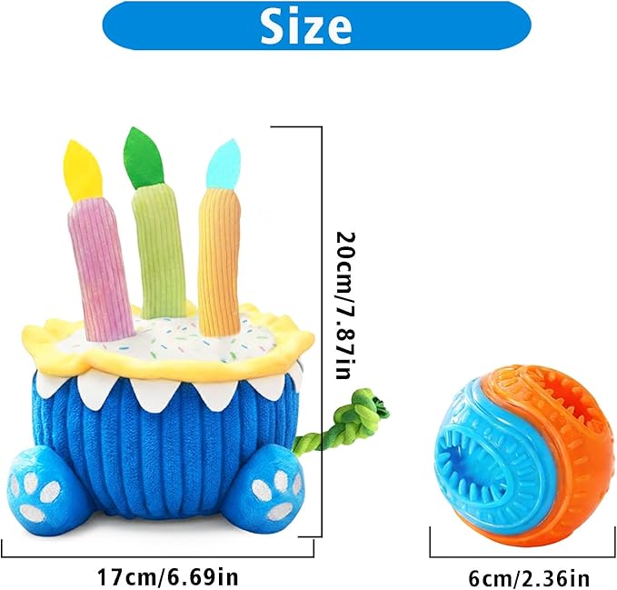 4-in-1 Dog Birthday Cake Toy, Interactive Snuffle Puzzle, Funny Dog Toys—Plush Squeaky Treat Dispenser with Cotton Rope, Hide ＆ Seek Enrichment Toy for Small/Medium/Large Dogs, Gotcha Day Party Gift