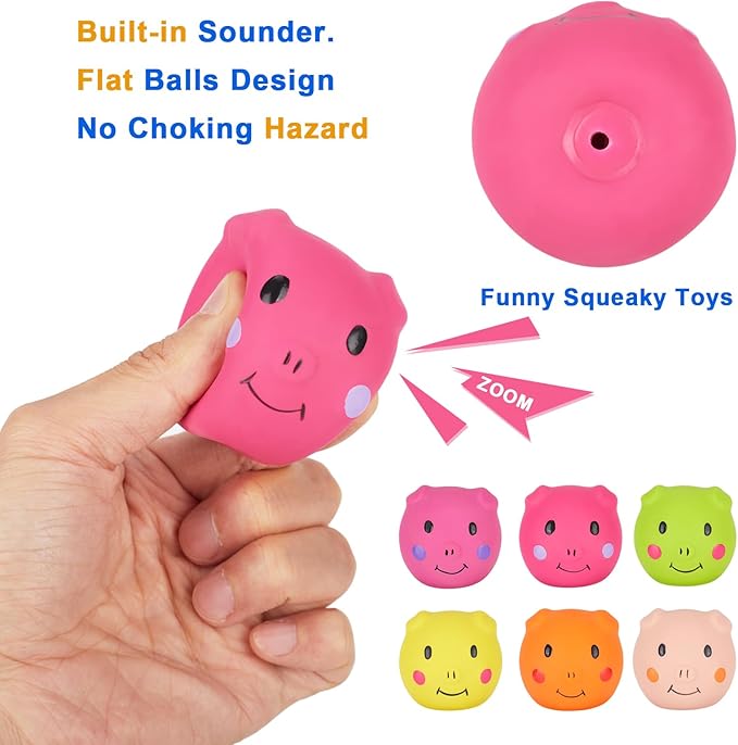 Squeaky Dog Toy, Latex Dog Toys for Puppy and Small Dogs, Piggy Face Squeaky Dog Balls Rubber Soft Chewing Durable Fetch Play for Pug Pet Dog (6 PCS)…