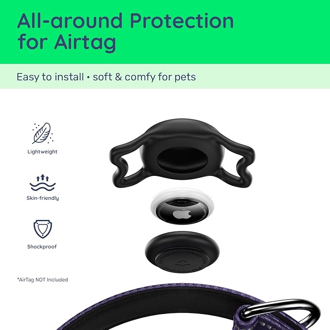 Airtag Dog Collar, Reflective Ultra-Durable Nylon Padded with QR Code Buckle & IP68 Waterproof Air Tag Holder Compatible for Apple AirTag, Comfortable for Small Medium Large Dogs(Purple,L)