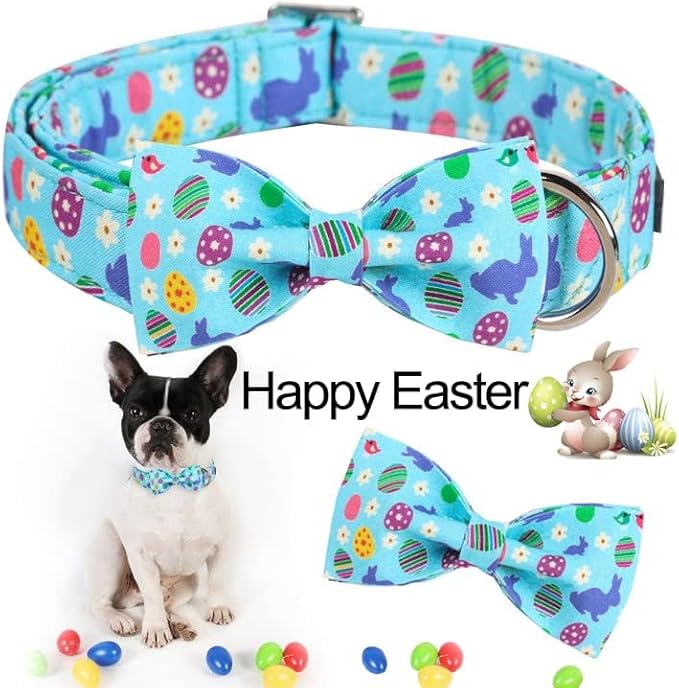 ARING PET Easter Dog Collar with Bow, Cute Adjustable Egg Rabbit Bowtie Pet Collars with Metal Buckle for Puppy Small Medium Large Boy Girl Dogs-S