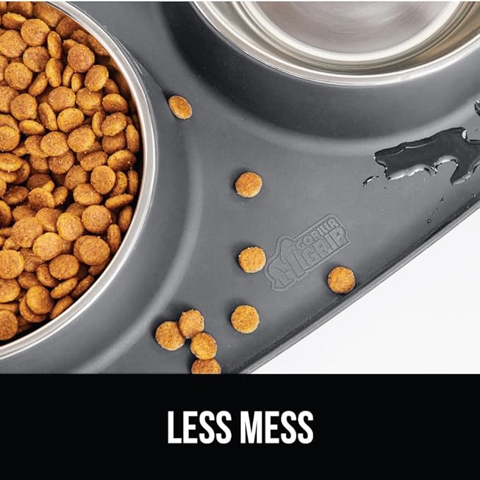 GORILLA GRIP Feeding Mat Set, Patent Pending 100% Waterproof BPA Free Silicone, Stainless Steel Cat and Dog Bowls, Slip Resistant, High Edges Catch Water Food, US Designed Pet Accessories, 2 Cup Gray