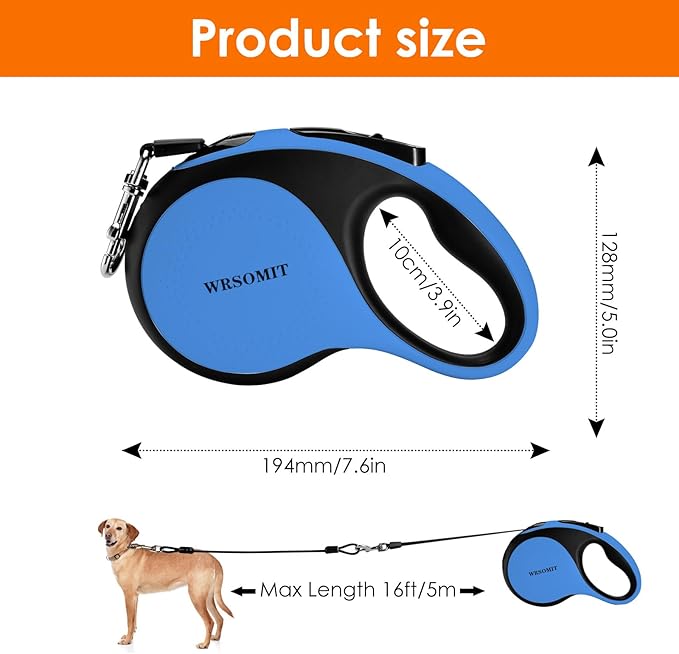 Retractable Dog Leash with Chew Proof Cable and LED Flashlight, 16Ft Heavy Duty Dog Leash for Medium Large Dogs up to 110lbs, 360° No Tangle (Blue+16ft+LED)