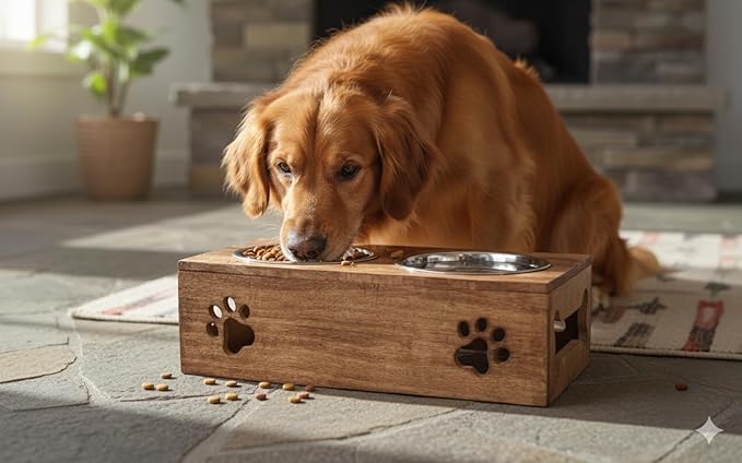 Paw Design Wooden Pet Feeder Station Stand with 2 Stainless Steel Bowls | Raised Dog Bowl Elevated Cat & Puppy Dining Table | 16 x 8.5 x 5 Inches