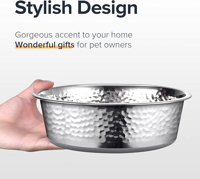 URBUDDIES 2 Pack Hammered Stainless Steel Dog Bowls, Premium Metal Dog Bowls with Non Slip Rubber Bottom, Dishwasher Safe, Easy to Clean, 4 Cup, Gray Bottom
