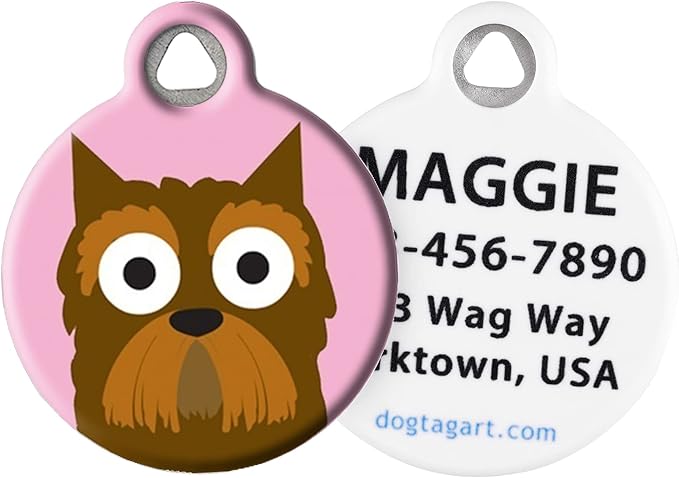 Dog Tag Art Yorkshire Terrier Girl Personalized Pet ID Tag for Dogs, Silent Polymer Coated Yorkie Nametag with Customized Identification Information - Small .875" Diameter