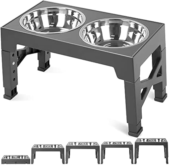 Omega Sun Elavated Dog Bowls, Raised Dog Bowls, 5 Adjustable Heights Raised Dog Bowl Stand with 2 Stainless Steel Dog Food Bowls with 2 Stainless Steel for Dog and pet Feeder for All Breeds