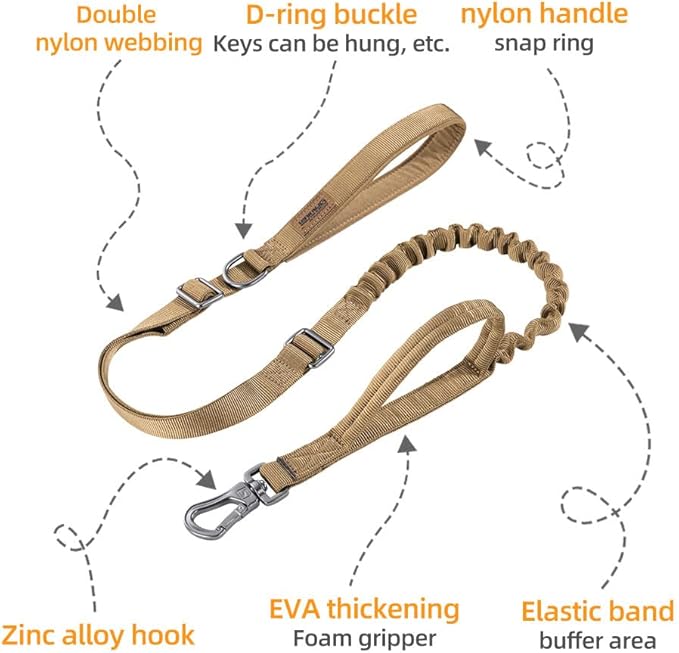 EXCELLENT ELITE SPANKER Tactical Dog Leash Heavy Duty 5-6FT Adjustable No Pull Military Bungee Dog Leash Elastic Leads Rope with 2 Padded Control Handle for Medium Large X-Large Dogs(Coyote Brown)