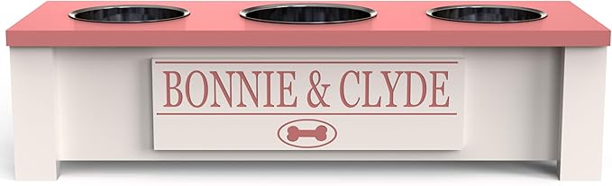 GTW Personalized Elevated Triple Dog Bowl Stand for Large, Medium, Small, X-Small Dogs - 3 Stainless Steel Food and Water Bowls - Raised Dog Dish with Internal Storage (Small, Pink)