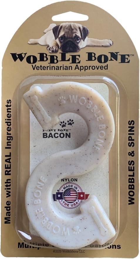 Wobble Bacon Fancy Bone - Delicious & Fun Bacon Dog Chew Toy - Tough Long Lasting Dog Bones Made in USA- Small/Medium Sized Dogs Up to 30 LBS, 3” X 5”