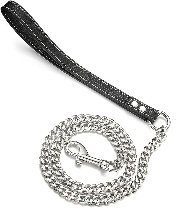 Silver Chain Dog Leash 11MM Solid Chew Proof 316L Stainless Steel Cuban Link Chain with Genuine Leather Handle Training Walking 3FT/4FT/5FT for Small Medium Large Dogs(11mm,4ft)…