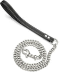 Silver Chain Dog Leash 11MM Solid Chew Proof 316L Stainless Steel Cuban Link Chain with Genuine Leather Handle Training Walking 3FT/4FT/5FT for Small Medium Large Dogs(11mm,4ft)…