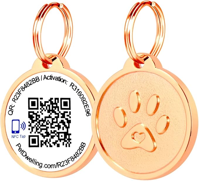 Pet Dwelling Smart QR + NFC Pet ID Tags for Dogs – Durable & Waterproof – Smart Pet Tags with AI-Powered Instant Scan Alerts & Free Online Profile (Rose Gold Paw)