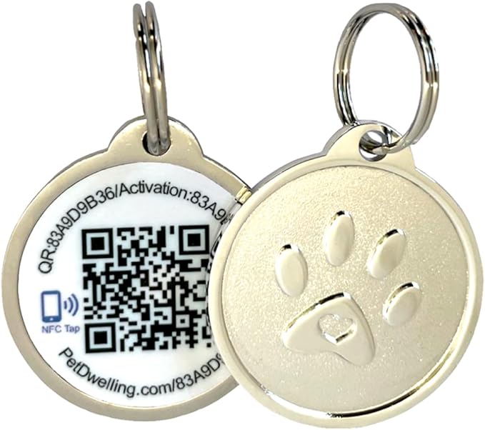 Pet Dwelling Premium NFC & QR Code Smart ID Tag for Dogs - Easy Scanning, Instant Profile Access, Real-Time Location Alerts(Silver Paw)