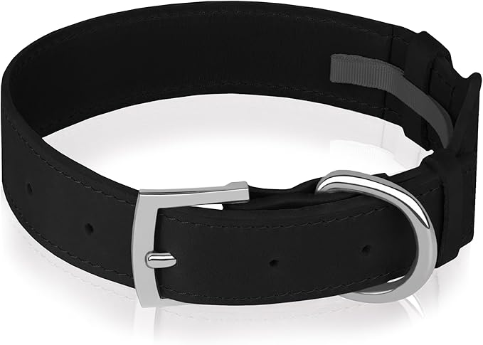 Leather Dog Collar with Airtag Holder - Apple Air Tag Dog Collars - Soft Tracking GPS Pet Collar for Small Medium Large Dogs Breed Puppy (Black, L, 15"-19" Neck Fit)