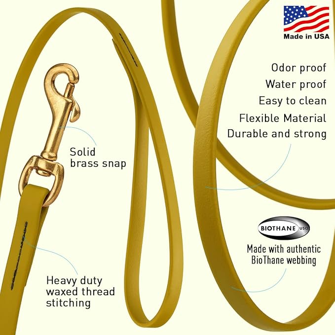 Viper K9 Biothane Working Dog Leash Waterproof Lead for Tracking Training Schutzhund Dog Sport & Search - Odor-Proof Long Line with Solid Brass Snap for Puppy Medium Large 1/2" x 15ft Treasure Gold