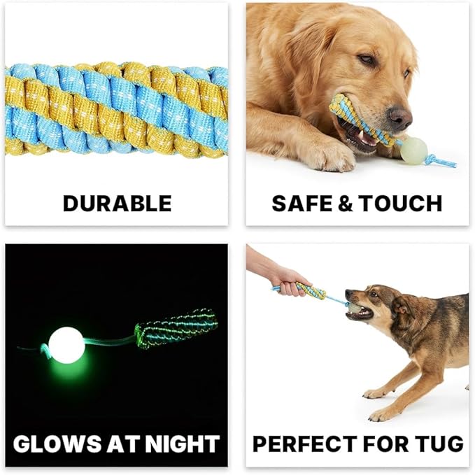 Tug of War Rope Dog Toy - Glow in The Dark Dog Chew Toy with Glowing Squeaky Ball, Pet Interactive Pull Fetch Toys, Teeth Cleaning Chew Toys