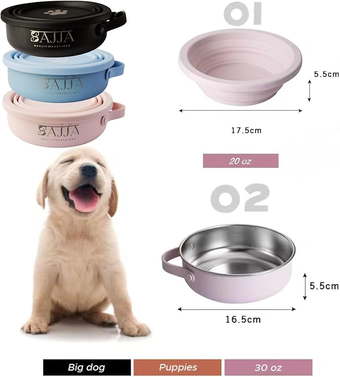 Blue Slow Feeder Travel Dog Bowl Set | 30oz Stainless Steel + 20oz Collapsible Silicone Dish | Water Bottle Holder| Non-Slip, Anti-Choking, BPA-Free | We Give Back