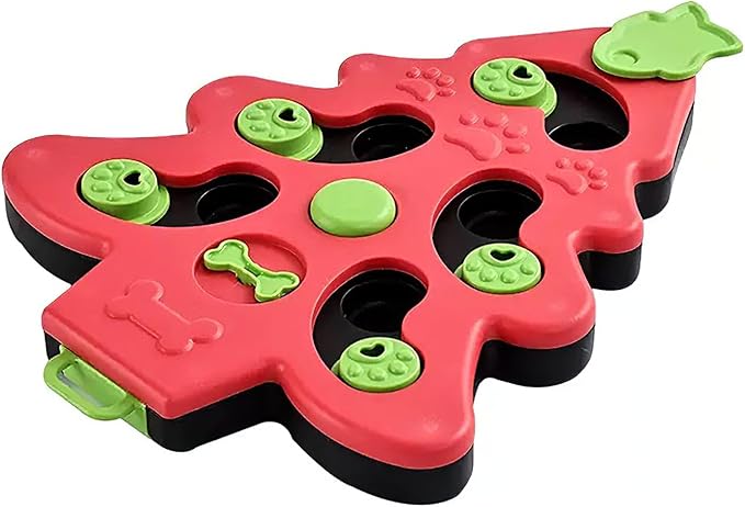 Pet Puzzle Feeder Toy – Interactive Slow Feeder Toy with Non-Slip Base, Mental Enrichment Game for Indoor Fun, Xmas-Themed Treat Dispenser (Red)