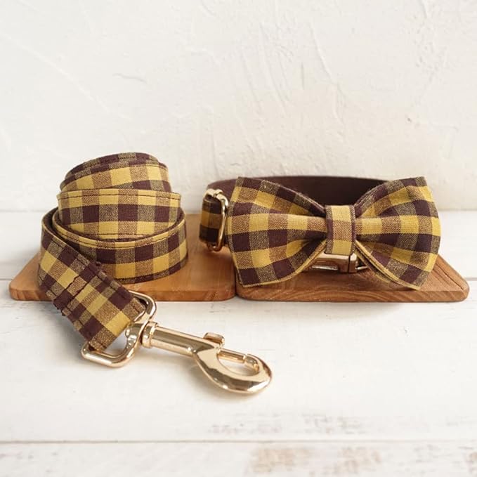 PETDURO Personalized Checkered Plaid Dog Collar Brown Yellow - Engraved Name and Phone Number on Gold Metal Buckle - Custom for Small Medium Large Boy Girl Dogs - Add Leash Bow Tie via Customize Now