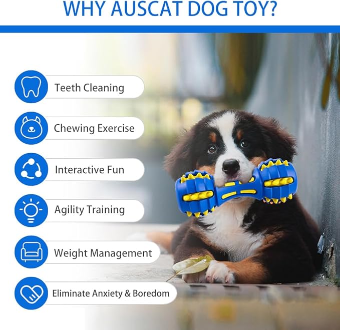 AUSCAT Dog Teething Toys, Durable Squeaky Dog Chew Toys, Natural Rubber Chew Toys for Dogs, Dumbbell Shape, Blue
