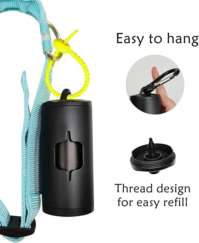 Aluminum Dog Poop Bags Holder with Carabiner Metal Pet Waste Bags Dispenser with Hook and Loop Fastener and Elastic Cord to Carry Used Bags (Black, 1 Holder 15 Bags)