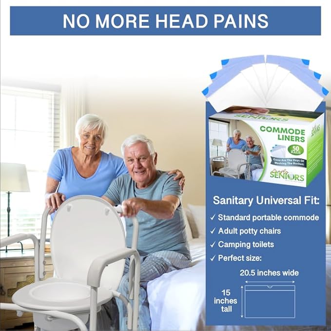 Commode Liners - 50 Strong Portable Toilet Bags - Easy to Use Bedside Commode Liners Disposable - Toilet Liners That Support Dignity of Seniors & Disabled - No More Buckets to Wash - NO Absorbent Pad