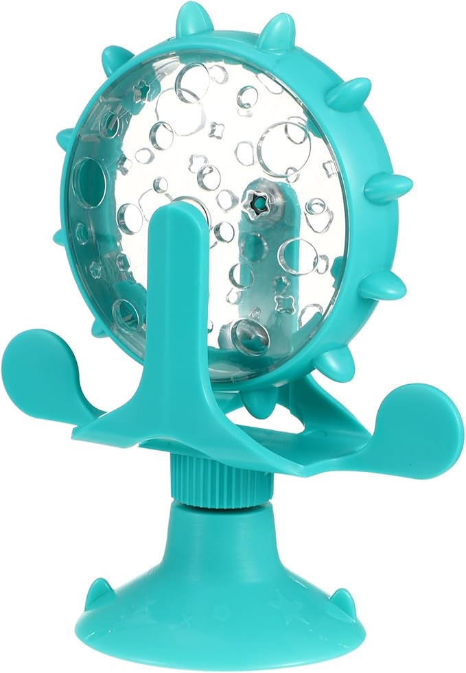 Interactive Pets Treats Dispenser Toy: 360 Degree Rotating Windmill Puzzle Toys for Small Cat & Dog Exercise - Window Ferris Wheel Feeder with Suction Cup for Puppies, Blue