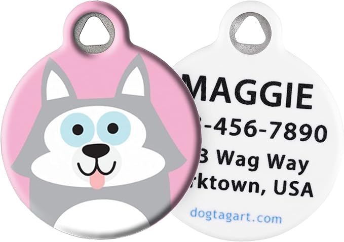 Dog Tag Art Husky Girl Personalized Pet ID Tag for Dogs, Silent Polymer Coated Nametag with Customize Identification Information - Small .875" Diameter