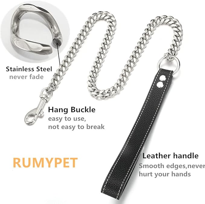 3FT/4FT/5FT Heavy Duty Silver Dog Chain Leash 14MM Stainless Steel Miami Cuban Link Chain with Durable Genuine Leather Handle for Training Walking(14mm,4ft)…