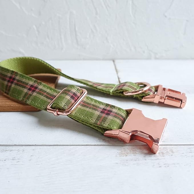 PETDURO Personalized Plaid Dog Collar Apple Green - Engraved Name and Phone Number on Rose Gold Metal Buckle - Custom for Small Medium Large Boy Girl Dogs - Add Leash Bow Tie via Customize Now