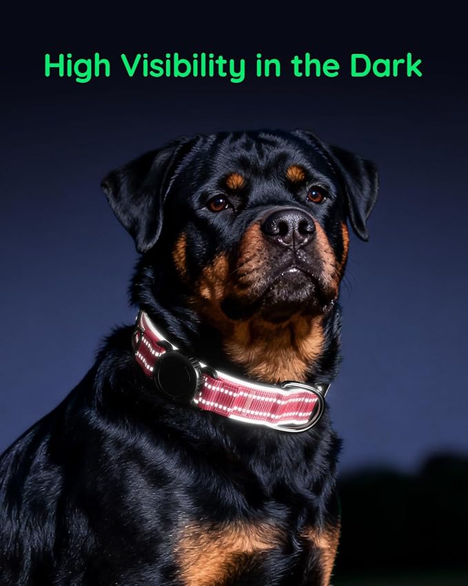 Upgrade Airtag Dog Collar,with IPX8 Waterproof AirTag Holder | Reflective Ultra-Durable | Soft Padded | Lock Buckle | Heavy Duty | Fit Small Medium Large Dogs（Rose，S(12"～15")）