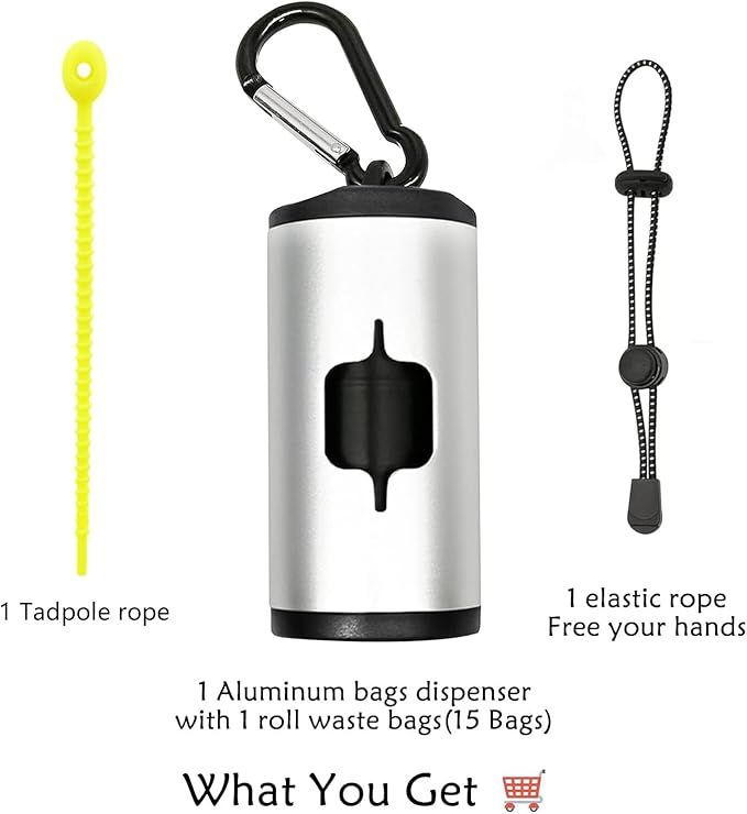 Aluminum Dog Poop Bags Holder with Carabiner Metal Pet Waste Bags Dispenser with Hook and Loop Fastener and Elastic Cord to Carry Used Bags (Silver, 1 Holder 15 Bags)