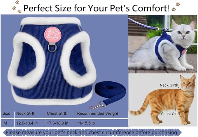 Dog Harness and Leash Set-No Pull No Choke Step-in Pet Harness for Cold Weather Lightweight Adjustable Cat Harness Warm Plush Puppy Vest with Hook & Loop Fastener Buckles D-Rings-Blue+White-M