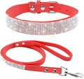 Cute Dazzling Sparkling Elegant Fancy Soft Suede Leather Bling Rhinestone Crystal Jeweled Pet Cat Dog Puppy Collar Dog Leash Combo Set (L(Neck 15-18"), Red)